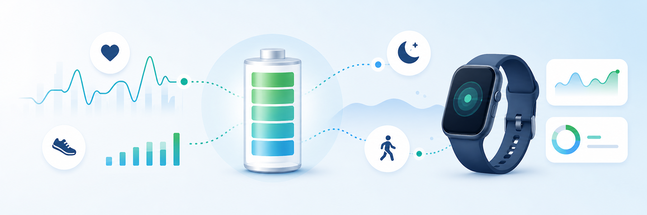 Infografica di un wearable collegato a dati di movimento, battito e sonno